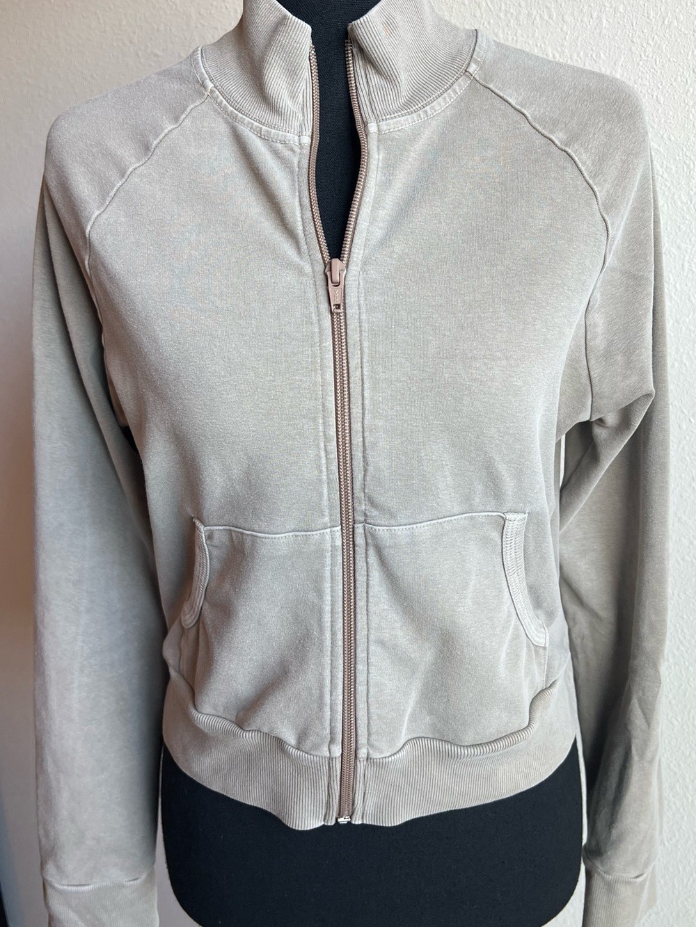 SKIMS Outdoor Track Jacket Taupe LG Cropped Full Zip Mock Neck Fleece Sweatshirt